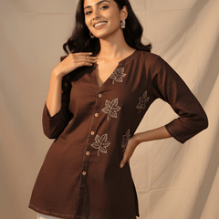 Women’s Brown Cotton Embroidered Short Tunic Top