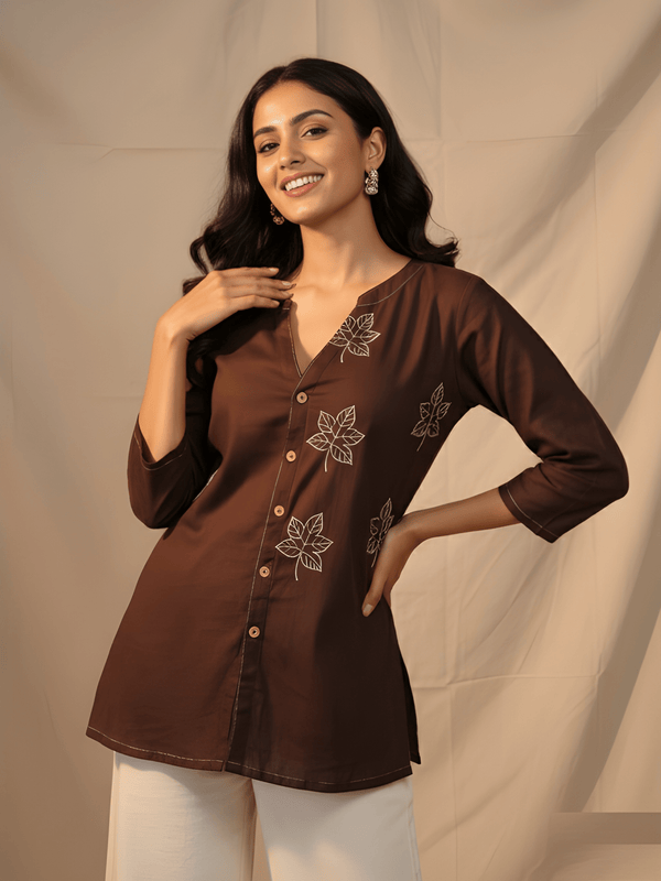 Women’s Brown Cotton Embroidered Short Tunic Top