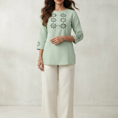 Women’s Sage Green Linen Cotton Embroidered Split Neck Top