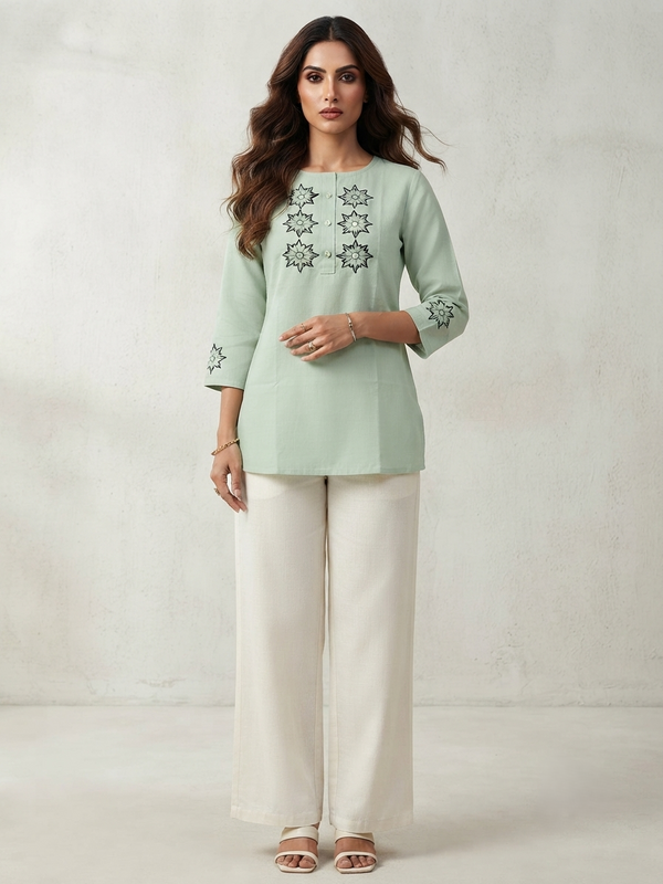 Women’s Sage Green Linen Cotton Embroidered Split Neck Top