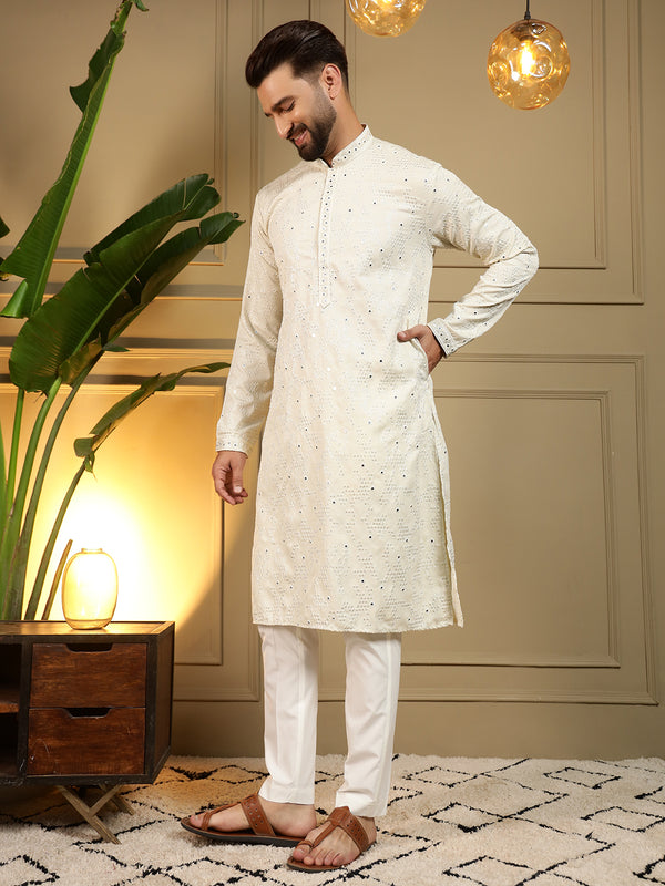 Men’s Heavy Khadi Cotton Mirror Work Kurta with Semi Cotton Chudidar