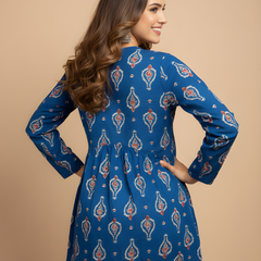 Women’s Blue Cotton Printed Flared Short Kurti Tunic