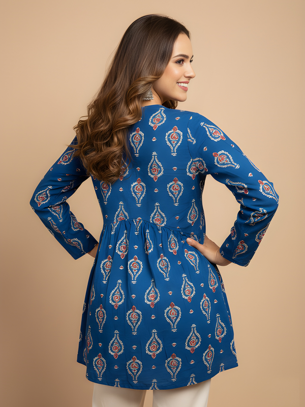 Women’s Blue Cotton Printed Flared Short Kurti Tunic