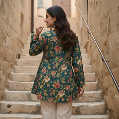 Women’s Green Cotton Printed Fancy Tunic Top