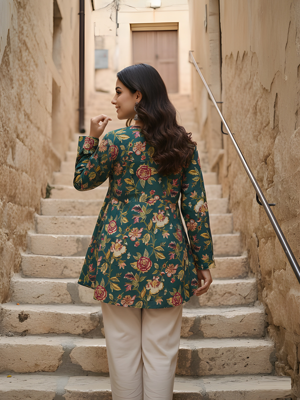 Women’s Green Cotton Printed Fancy Tunic Top