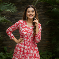 Women’s Red Cotton Printed Flared Short Kurti Tunic