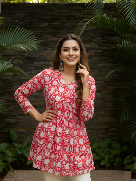 Women’s Red Cotton Printed Flared Short Kurti Tunic