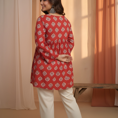 Women’s Red Cotton Printed Fancy Tunic Top