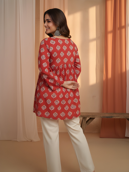 Women’s Red Cotton Printed Fancy Tunic Top