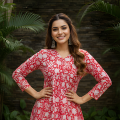 Women’s Red Cotton Printed Flared Short Kurti Tunic
