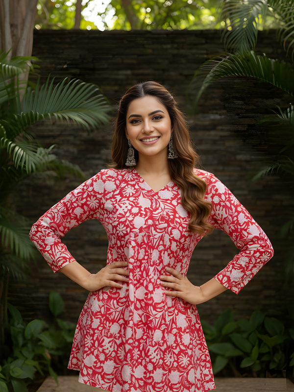 Women’s Red Cotton Printed Flared Short Kurti Tunic