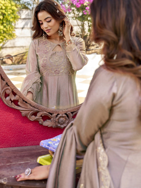 Women's Embroidered Vichitra Straight Kurta With Pant & Dupatta Set