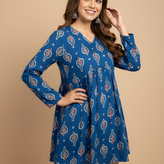 Women’s Blue Cotton Printed Flared Short Kurti Tunic