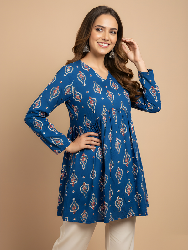 Women’s Blue Cotton Printed Flared Short Kurti Tunic
