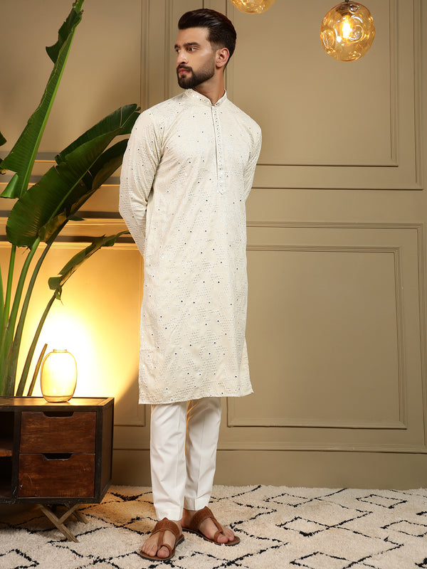 Men’s Heavy Khadi Cotton Mirror Work Kurta with Semi Cotton Chudidar