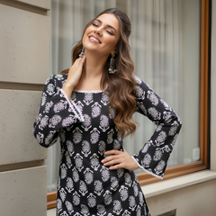 Women’s Black Cotton Printed Straight Short Kurti Tunic