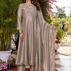 Women's Embroidered Vichitra Straight Kurta With Pant & Dupatta Set