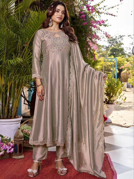 Women's Embroidered Vichitra Straight Kurta With Pant & Dupatta Set