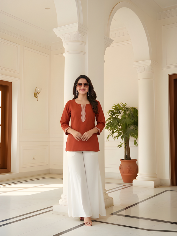 Women’s Rust Orange Roman Silk Embroidered Fancy Top