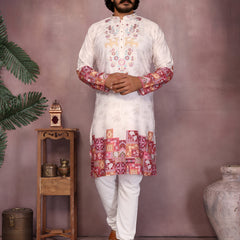 Men’s Heavy Khadi Cotton Printed Kurta with Embroidered Neck & Pyjama