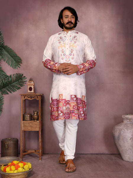Men’s Heavy Khadi Cotton Printed Kurta with Embroidered Neck & Pyjama