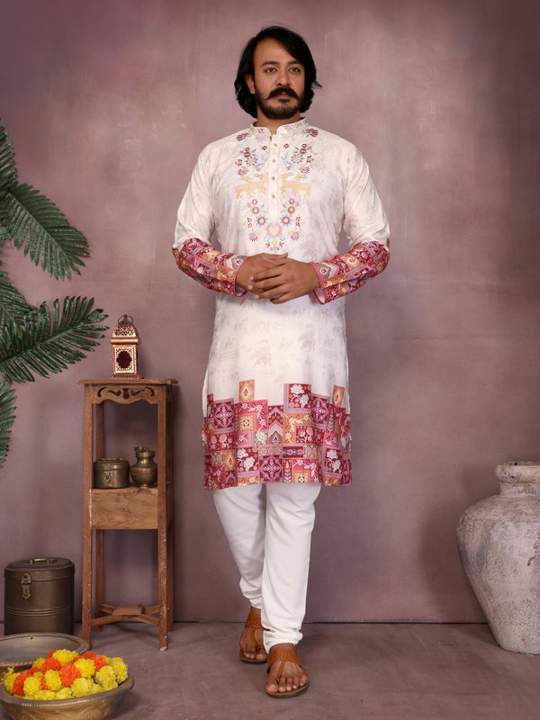 Men’s Heavy Khadi Cotton Printed Kurta with Embroidered Neck & Pyjama