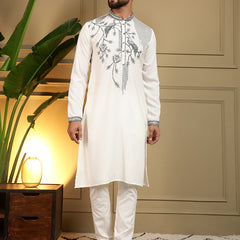 Men’s Viscose Silk Embroidered Kurta with Semi Cotton Chudidar