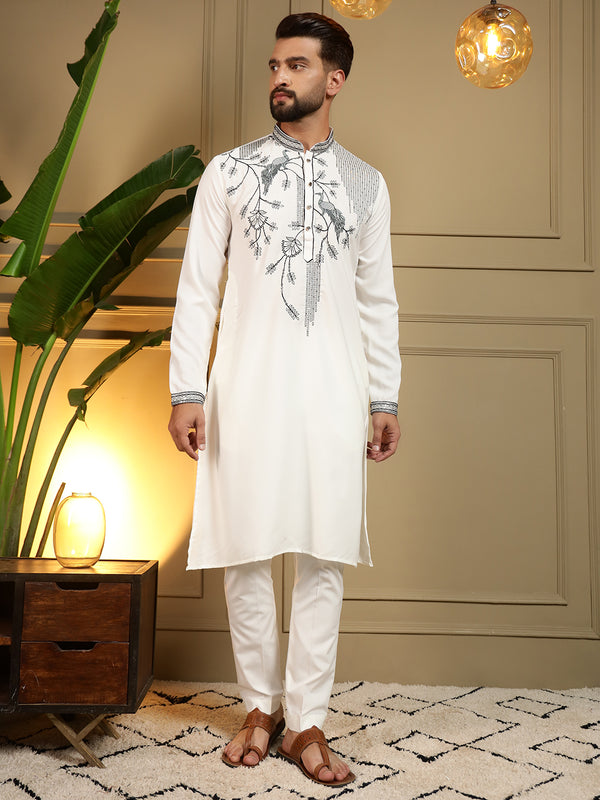Men’s Viscose Silk Embroidered Kurta with Semi Cotton Chudidar