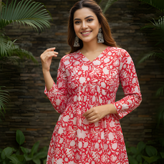 Women’s Red Cotton Printed Flared Short Kurti Tunic