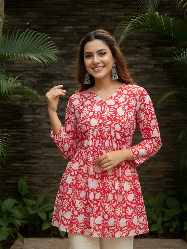 Women’s Red Cotton Printed Flared Short Kurti Tunic
