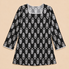 Women’s Black Cotton Printed Straight Short Kurti Tunic