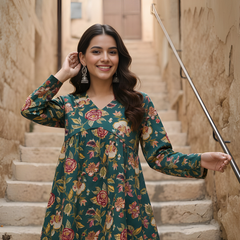 Women’s Green Cotton Printed Fancy Tunic Top