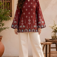 Women’s Maroon Cotton Kalamkari Bell Sleeve Tunic