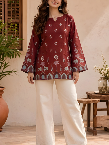 Women’s Maroon Cotton Kalamkari Bell Sleeve Tunic