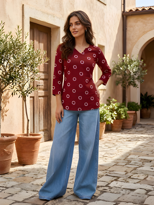 Women’s Maroon Cotton Printed Straight Tunic