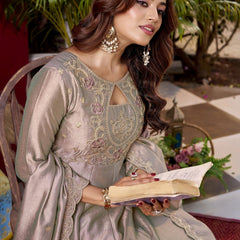 Women's Embroidered Vichitra Straight Kurta With Pant & Dupatta Set