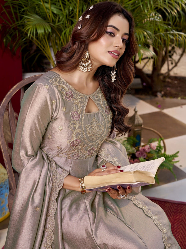 Women's Embroidered Vichitra Straight Kurta With Pant & Dupatta Set