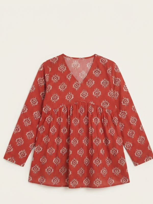 Women’s Red Cotton Printed Fancy Tunic Top