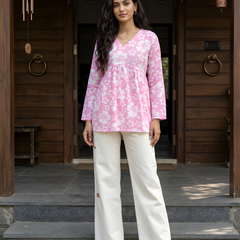 Women’s White-Pink Cotton Printed Flared Kurti