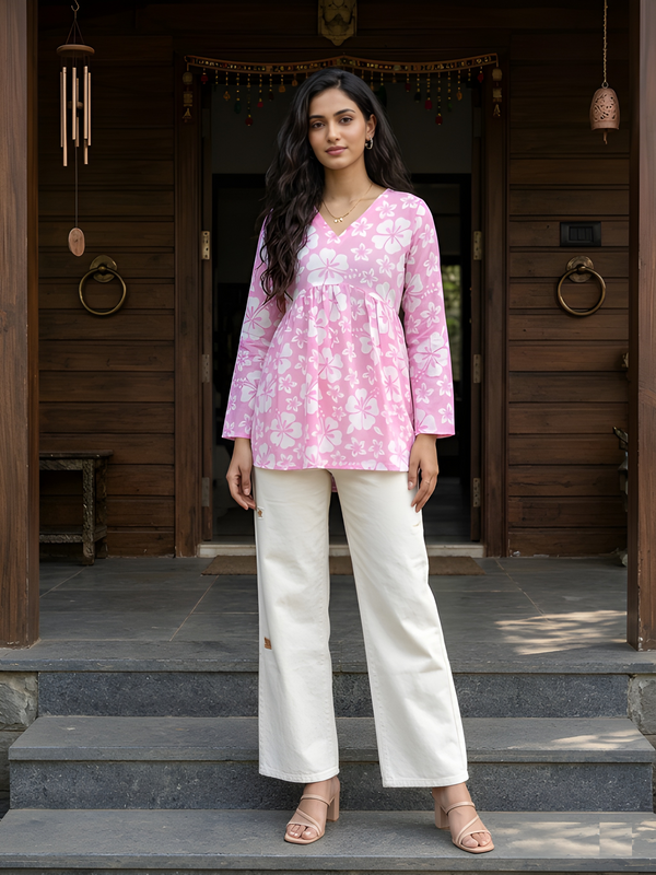 Women’s White-Pink Cotton Printed Flared Kurti