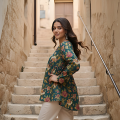 Women’s Green Cotton Printed Fancy Tunic Top