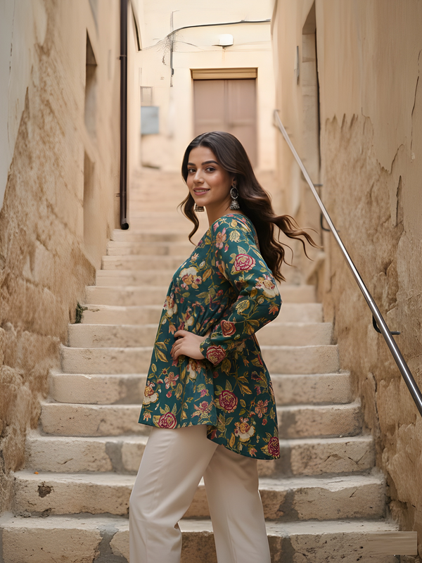 Women’s Green Cotton Printed Fancy Tunic Top