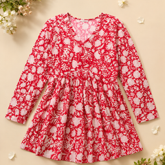 Women’s Red Cotton Printed Flared Short Kurti Tunic