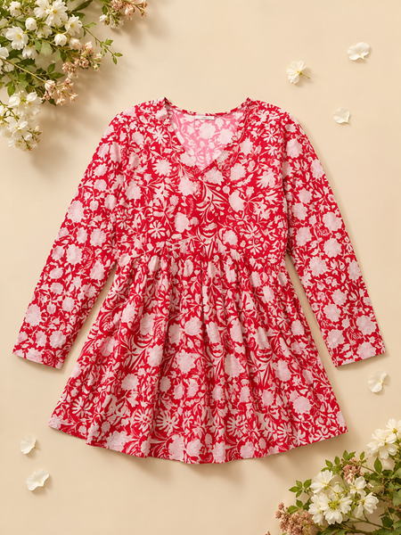 Women’s Red Cotton Printed Flared Short Kurti Tunic