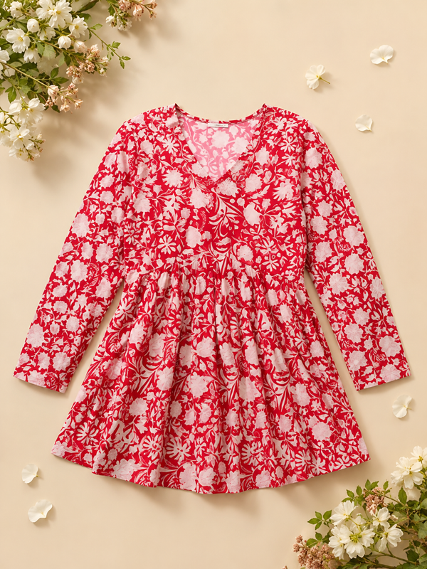Women’s Red Cotton Printed Flared Short Kurti Tunic