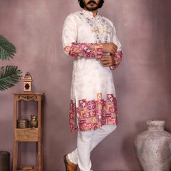 Men’s Heavy Khadi Cotton Printed Kurta with Embroidered Neck & Pyjama
