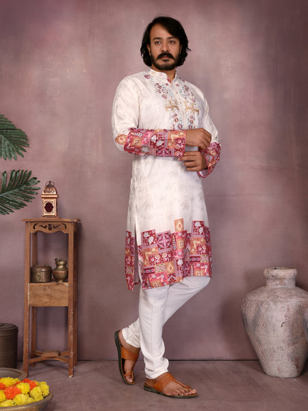 Men’s Heavy Khadi Cotton Printed Kurta with Embroidered Neck & Pyjama