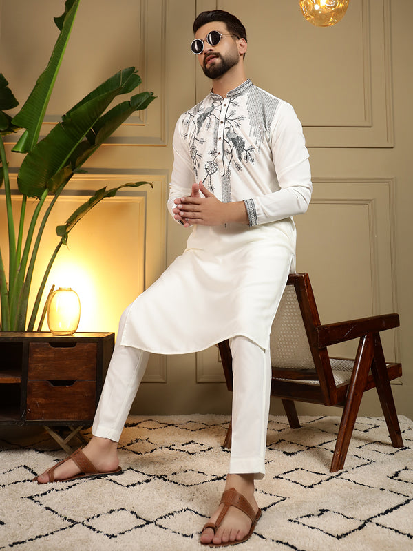 Men’s Viscose Silk Embroidered Kurta with Semi Cotton Chudidar