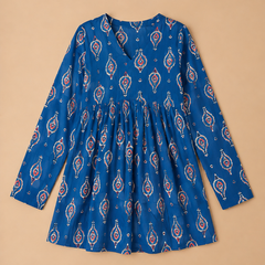 Women’s Blue Cotton Printed Flared Short Kurti Tunic