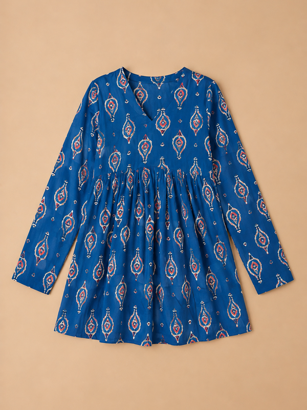 Women’s Blue Cotton Printed Flared Short Kurti Tunic